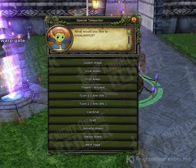 EMC-LFC Special Teleporter penceresinde Golem, Uruk ve Troll noktaları