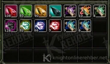 24 saatlik Golden Mattock drop örneği: envanterde gem ve fragment yığınları