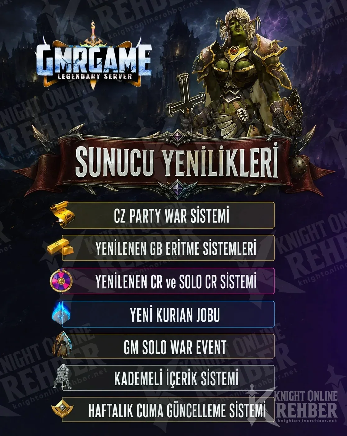 Sunucu yenilikleri afişi: CZ Party War, GB eritme, CR ve Solo CR, Kurian, GM Solo War Event, kademeli içerik ve Cuma güncellemesi