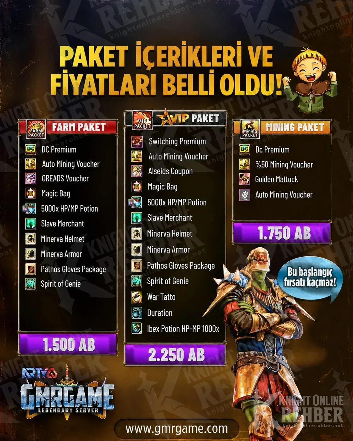 Farm, VIP ve Timing paketlerinin içerik ve AB fiyatlarını gösteren afiş