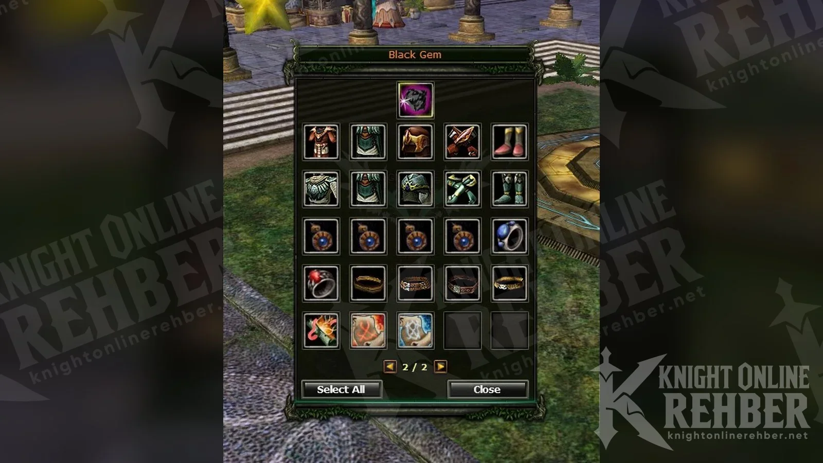 Black Gem drop penceresinde zırh parçaları, küpe ve yüzükler