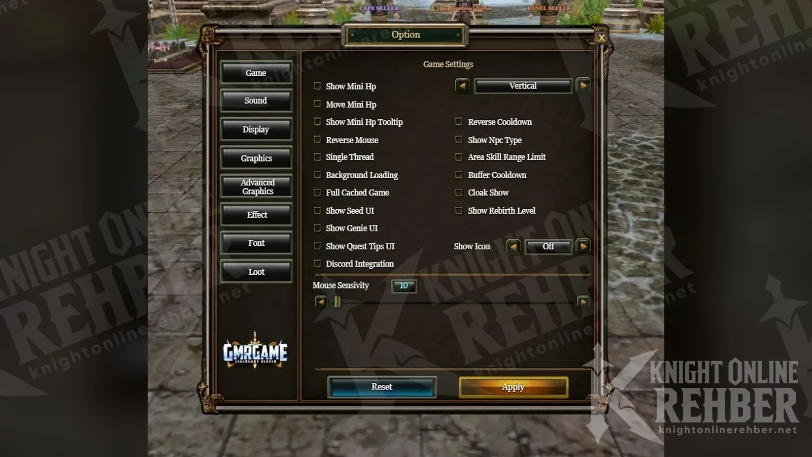 GMRGame oyun ayarları penceresi