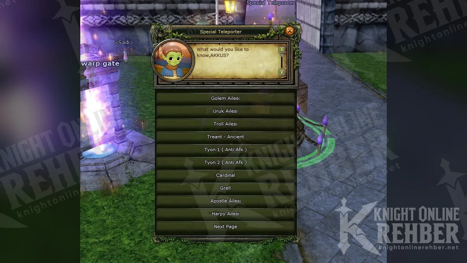 EMC-LFC Special Teleporter penceresinde Golem, Uruk ve Troll noktaları