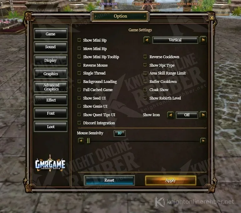GMRGame oyun ayarları penceresi