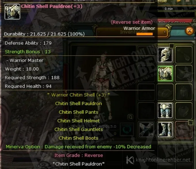 Chitin Shell Pauldron (+3) bilgi penceresi: Warrior Chitin Shell seti, düşmandan gelen hasar -10%, Item Grade Reverse