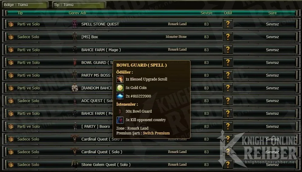 Spell Stone Quest ve [MS] Box görevlerini gösteren oyun içi görev listesi
