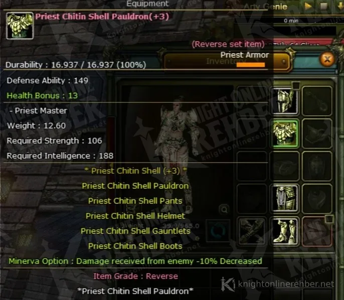 Priest Chitin Shell Pauldron (+3) bilgi penceresi: Reverse set, düşmandan gelen hasar -10%
