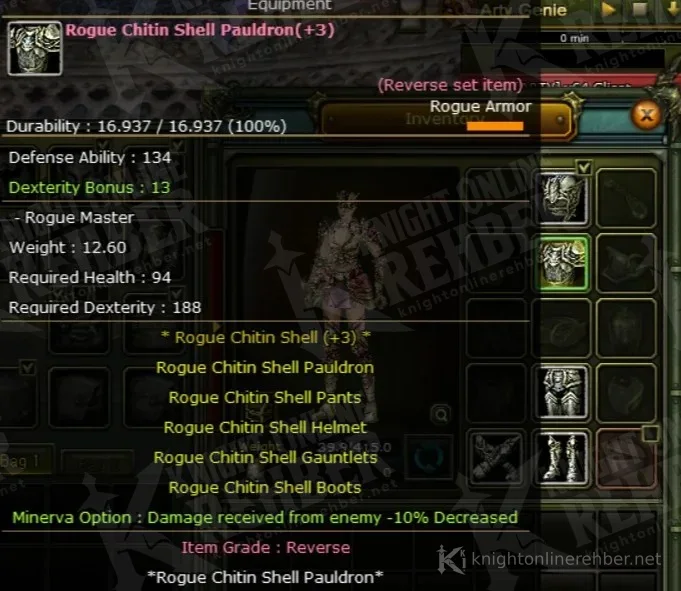 Rogue Chitin Shell Pauldron (+3) bilgi penceresi: Reverse set, düşmandan gelen hasar -10%