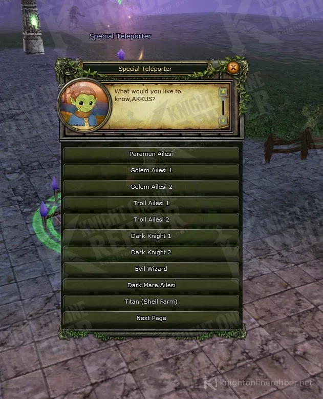 Eslant Special Teleporter penceresinde Paramun, Golem ve Troll noktaları