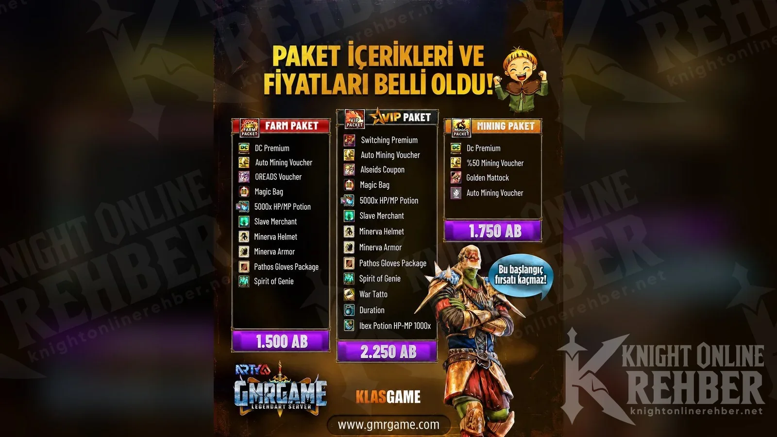 Farm, VIP ve Timing paketlerinin içerik ve AB fiyatlarını gösteren afiş